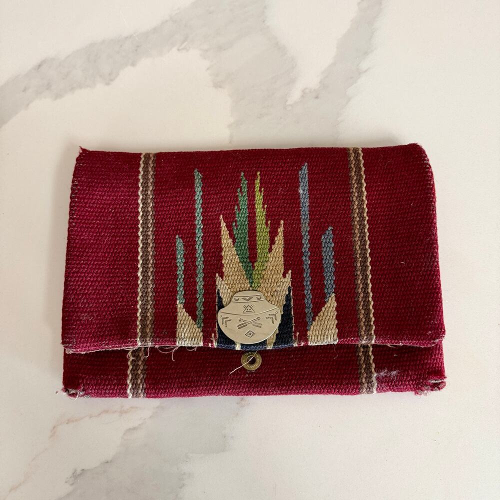 Vintage 1940's Fred Harvey Chimayo Hand Woven Wool Fold Over Clutch Purse Red